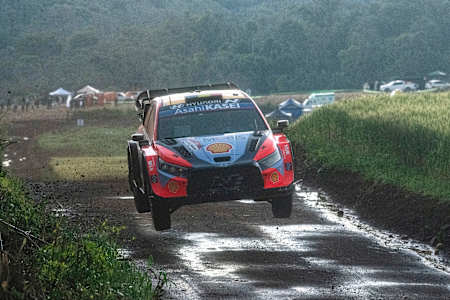 Thierry Neuville and Martijn Wydaeghe take flight in their Hyundai Shell Mobis World Rally Team car during the World Rally Championship in Encarnacion, Paraguay on August 31, 2025