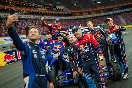 Michal Kosciuszko, Taddy Blazusiak, Adam Malysz, Timmy Hansen, Johan Kristoffersson, David Coulthard, Carlos Sainz and Mattias Ekström at the Red Bull Drift Masters Grand Finale in Warsaw, Poland. 