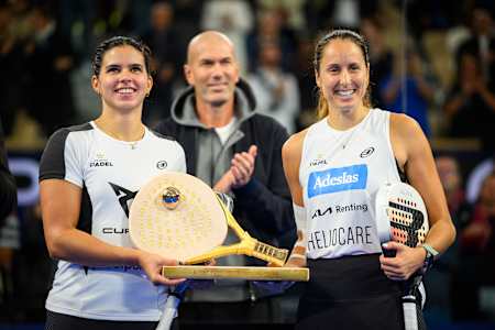 On 14 September 2025, Delfina Brea Senesi and Gemma Triay Pons proudly hold the first place trophy after their Premier Padel Alpine Paris Major victory at Roland Garros Stadium in Paris, France.