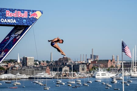 Jonathan Paredes of Mexico dives from the 27 metre platform at the Institute of Contemporary Art, Boston, during the thrilling 2025 Red Bull Cliff Diving World Series finale
