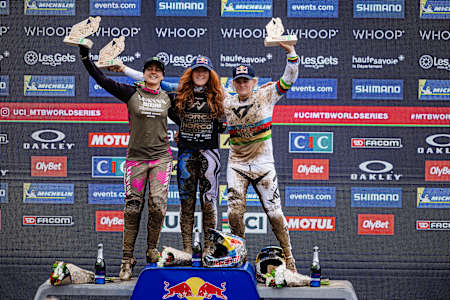 Gracey Hemstreet, Marine Cabirou and Valentina Höll at UCI Mountain Bike World Cup 2025 Haute-Savoie, France on September 1, 2025 