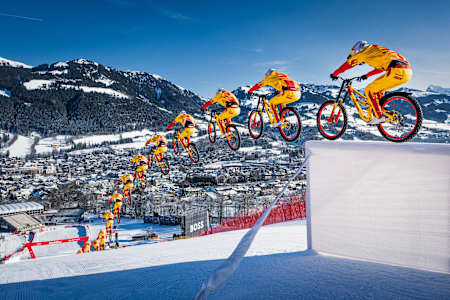 Fabio Wibmer performs at the Streif in Kitzbuehel, Austria, on January 14, 2024. 