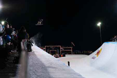 Valentino Guseli catches massive air in the Snowboard Halfpipe contest at the Laax Open in Laax, Switzerland, wowing the crowd on his way to third place on January 17, 2026.