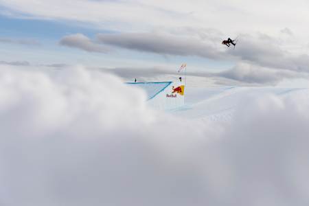 On January 17, 2026, Eileen Gu seen mid-run as she wins the Freeski Slopesyle competition at the Laax Open in Laax, Switzerland.