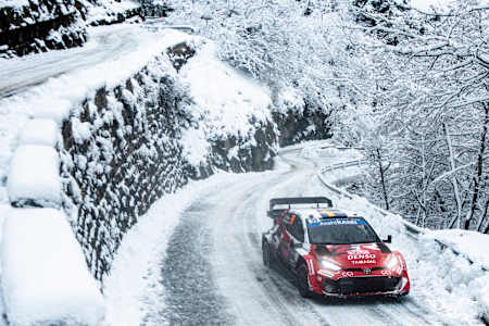Oliver Solberg and Elliott Edmondson attack an icy corner in their Toyota Gazoo Racing World Rally Team car at the WRC Rallye Monte-Carlo in January 2026.