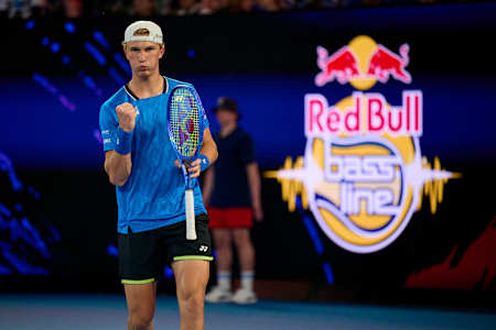 Nicolai Budkov Kjær celebrates with a fist pump and racket during Red Bull BassLine in Melbourne, Australia, on 17 January 2026.