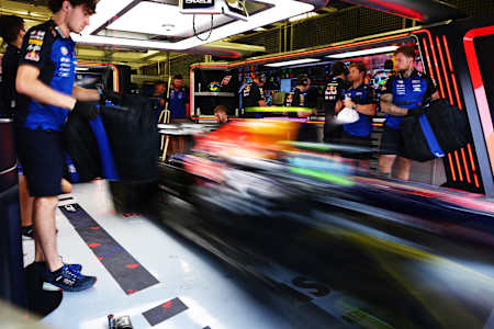 Isack Hadjar of France driving the (6) Oracle Red Bull Racing RB22 Red Bull Ford leaves the garage during day three of F1 Testing at Bahrain International Circuit on February 20, 2026 in Bahrain.
