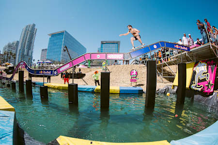 Pedro Delfino performs a 50-50 grind at Kasso Fest in Long Beach, California, USA on March 20, 2026.   