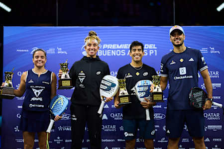 Paula Josemaria, Bea Gonzalez, Fede Chingotto and Alejandro Galan pose with their winner trophies after the Premier Padel P1 Buenos Aires in Argentina in May 2026.