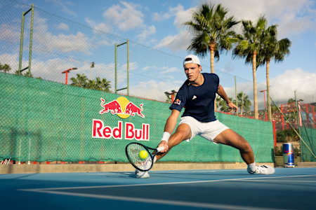 Jakub Menšík is seen in action during a tennis match in Adeje, Tenerife, Spain on December 15, 2025.