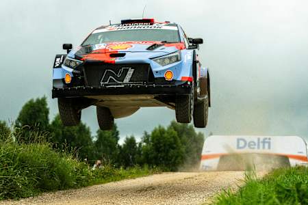 Hyundai's Adrien Fourmaux and Alexandre Coria take on a jump during Rally Estonia 2026 in Tartu.