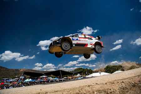 Sebastien Ogier and Vincent Landais of team TOYOTA GAZOO RACING WRT perform during World Rally Championship Mexico in Leon, Mexico on March 19, 2023. 