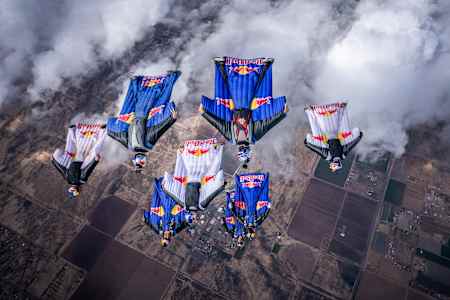 Red Bull Airforce and Red Bull Skydive fly over the skies of Arizona (USA).