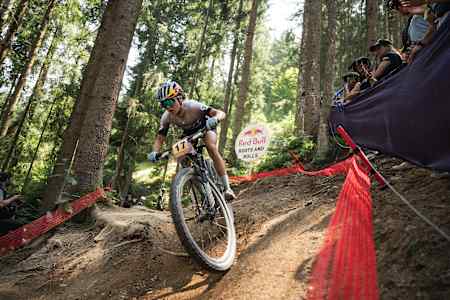 Kate Courtney performs at UCI XCO World Cup in Leogang, Austria on June 18, 2023. 