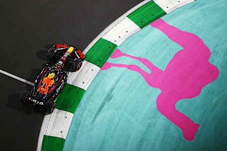 Sergio Perez driving the Oracle Red Bull Racing RB19 during the F1 Grand Prix of Saudi Arabia at Jeddah Corniche Circuit on March 19, 2023.