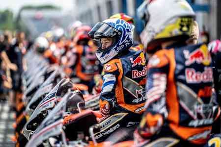 Red Bull MotoGP Rookies Cup rider Rico Salmela of Finland on his bike in the pitlane during the MotoGP Dutch Grand Prix at TT Circuit Assen, Netherlands 2023.