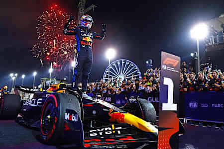 Race winner Max Verstappen celebrates in parc ferme during the F1 Grand Prix of Bahrain at Bahrain International Circuit on March 02, 2024 in Bahrain, Bahrain.