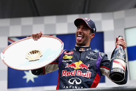 Daniel Ricciardo of Australia and Infiniti Red Bull Racing celebrates victory with the trophy on the podium after the Belgium Formula One Grand Prix in Spa-Francorchamps, Belgium on August 24th, 2014