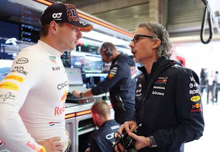 Max Verstappen and Laurent Mekies, Team Principal of Oracle Red Bull Racing, talk in the garage prior to the F1 Grand Prix of Belgium at Circuit de Spa-Francorchamps on July 27, 2025.