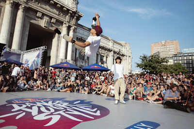 A competitor gets airborne at a Red Bull Dance Your Style event