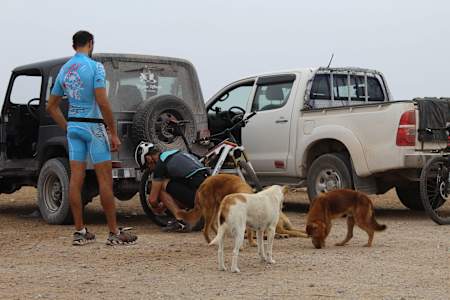 The group had some four-legged help when setting up the bikes