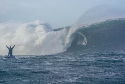 Irish surfer Conor Maguire rides a 60ft wave at Mullaghmore after Hurricane Epsilon