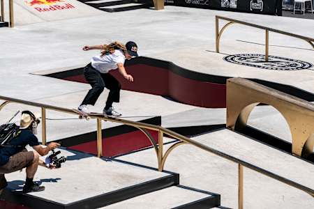 Lore Bruggeman powers through the kink on the A-rail at the Street Skateboarding World Championships in Rome, Italy on June 4, 2021.