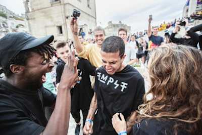 Didi Alaoui celebrates his win at the Red Bull Art of Motion freerunning competition in Matera, Italy on October 5, 2019