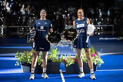 Delfina Brea and Gemma Triay pose with trophy after winning the BNL Italy Major Premier Padel in Rome, Italy in June 2026. 