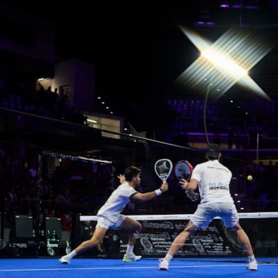  Ready for a smash hit during a match in the Milano Premier Padel P1 in 2023.