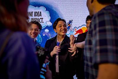 Soj Gamayon celebrates after winning Red Bull Basement at Mind Museum in Taguig, Philippines on October 26, 2024.