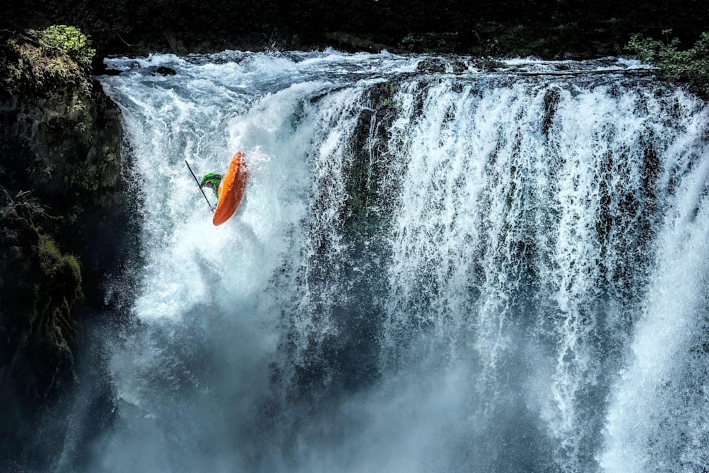 Rafa Ortiz kayaking over Spirit Falls in Washington State, USA