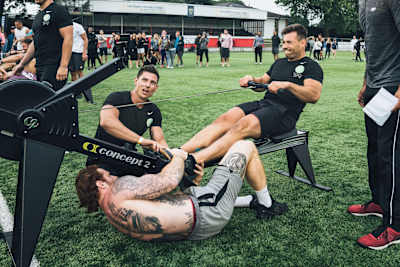 Teams must work together to complete a series of gruelling workouts