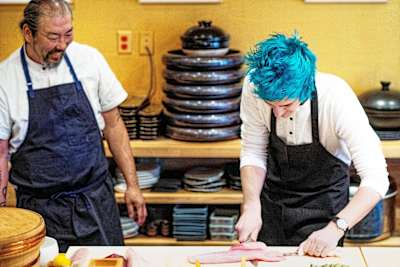 Blevins gets a master class in knife skills from Yoya Takahashi,  chef at celebrated L.A. sushi spot Hamasaku.