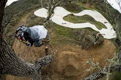 Brandon Semenuk and Ryan Howard perform under a drone during the filming of Parallel, the latest MTB film by Revel Co., in California, USA.