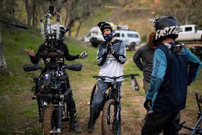 Brandon Semenuk and Ryan Howard watch a section of their performance during the filming of Parallel. the latest MTB film by Revel Co., in California, USA.