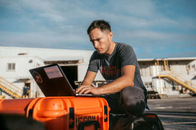 A Team Rubicon rescuer planning relief in the typhoon-hit Northern Mariana Islands in the Pacific in 2018.