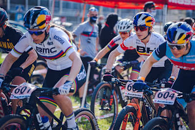Evie Richards, Pauline Ferrand-Prevot and Rocio de Alba Garcia race at the Banyoles in Catalonia, Spain on February 27, 2021.