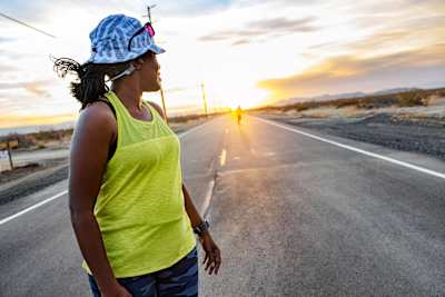 Birith ultramarathon runner Angela Tomusange competing in The Speed Project running relay race in California. 