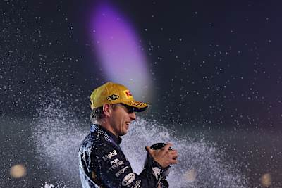 Max Verstappen celebrates on track during the F1 Grand Prix of Las Vegas at Las Vegas Strip Circuit on November 22, 2025 in Las Vegas, Nevada.
