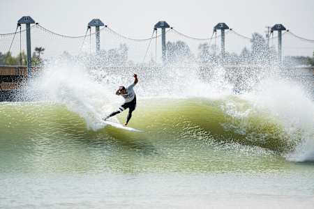 Professional surfer from Tahiti Michel Bourez surfs a wave during the Surf Ranch Pro, in Lemoore, California.