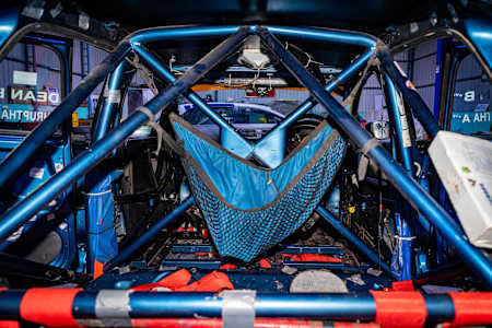 Helmet net in the back of Dean Mascarenhas' rally car