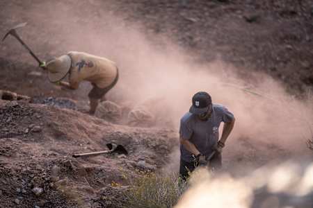 Emil Johansson's digging crew seen during Red Bull Rampage 2019 in Virgin, Utah, United States on October 22, 2019.