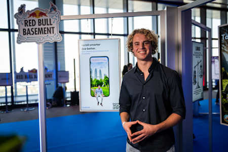 Bram van Peursem of the Netherlands showcases Hubster in the Idea Gallery of the Red Bull Basement World Final in Tokyo, Japan on December 5, 2024.