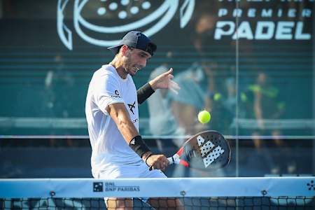Alejandro Galán of Spain in action during the match of the Italy Major Premier Padel 2023 played in pairs with Juan Lebron of Spain against José Rico of Spain and Agustin Gutierrez of Spain.