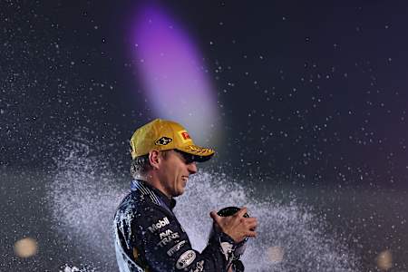Max Verstappen celebrates on track during the F1 Grand Prix of Las Vegas at Las Vegas Strip Circuit on November 22, 2025 in Las Vegas, Nevada.