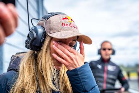 Mikaela Åhlin-Kottulinsky wipes away a tear after watching Alexia Danielsson win at Anderstorp during Race Apprentice in May 2025.