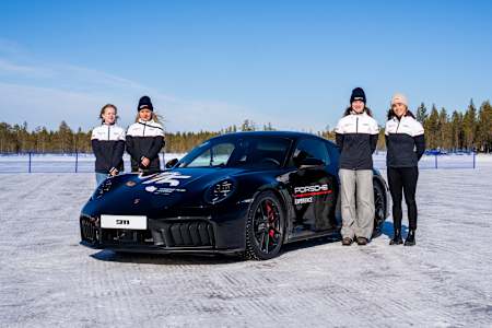 Mikaela Åhlin-Kottulinksy with the tree selected female drivers Alexia Danielsson, Siri Hökfelt and Alice Liwell during stage one of Race Apprentice in Arvidsjaur, Sweden in March 2025. 