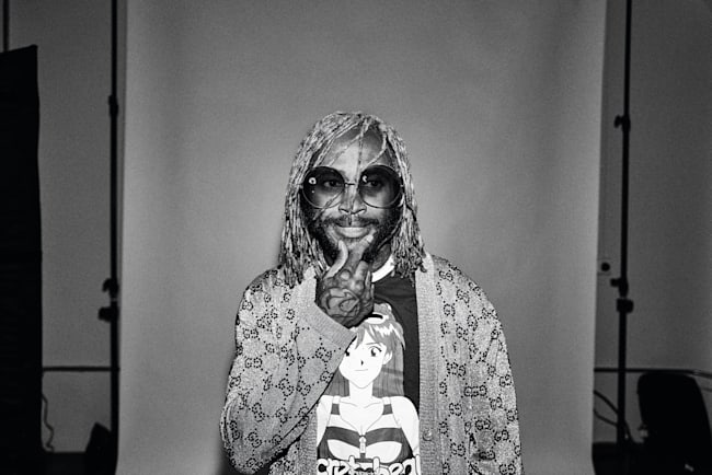 Music artist Thundercat posing for a portrait.