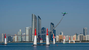 Yoshihide Muroya of Japan performs during the finals at the first round of the Red Bull Air Race World Championship in Abu Dhabi, United Arab Emirates on February 9, 2019.